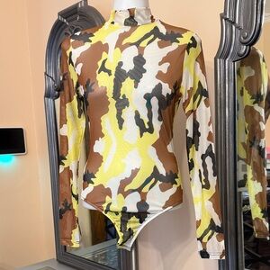 Pantora Small Sheer Yellow Camouflage Long Sleeve Bodysuit